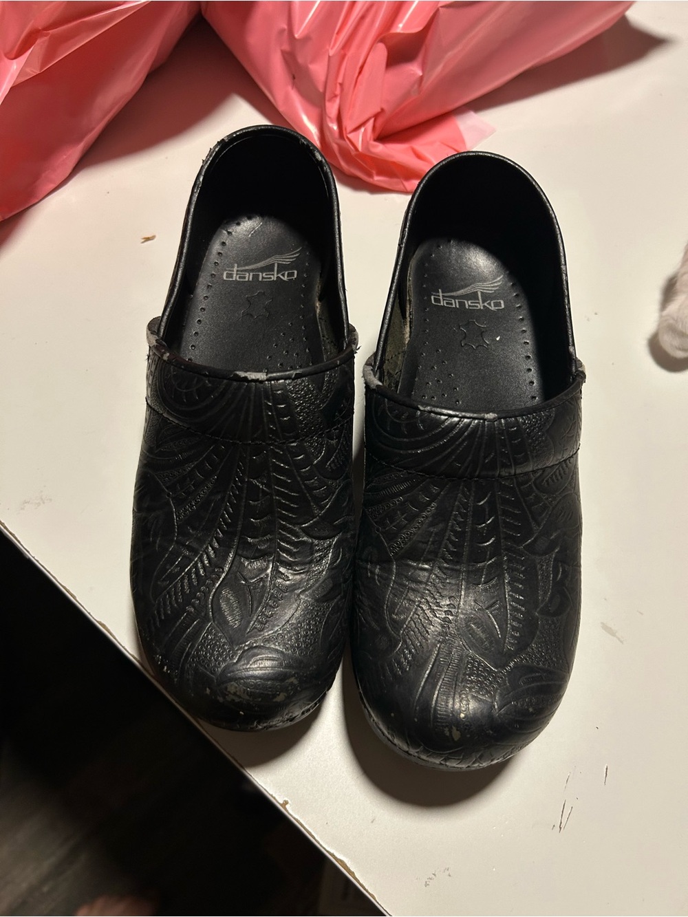 Dansko Black Embossed Leather Slip-On Clogs